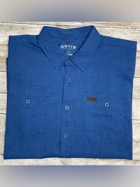 Orvis Men's Button Up Shirt Blue Short Sleeve Pockets Classic Collection Large